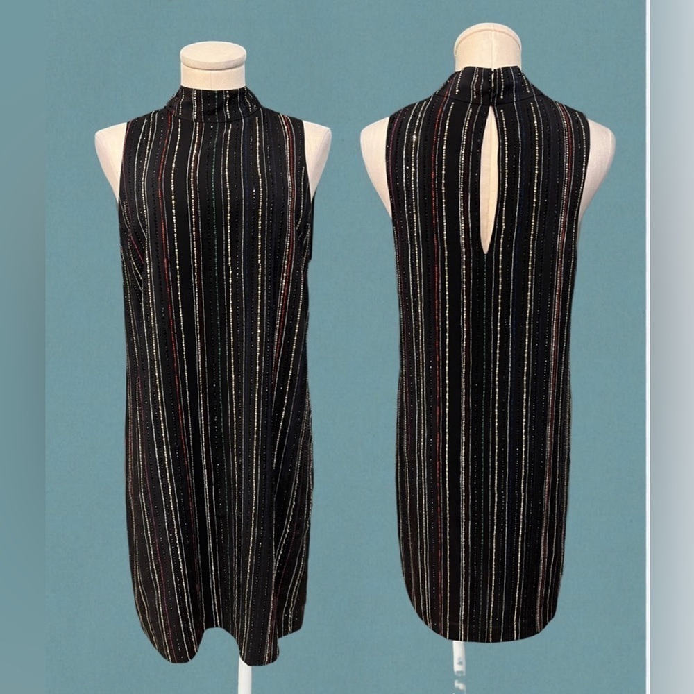 Trina Turk Black Silk Sleeveless Shift Dress With Vertical Beading